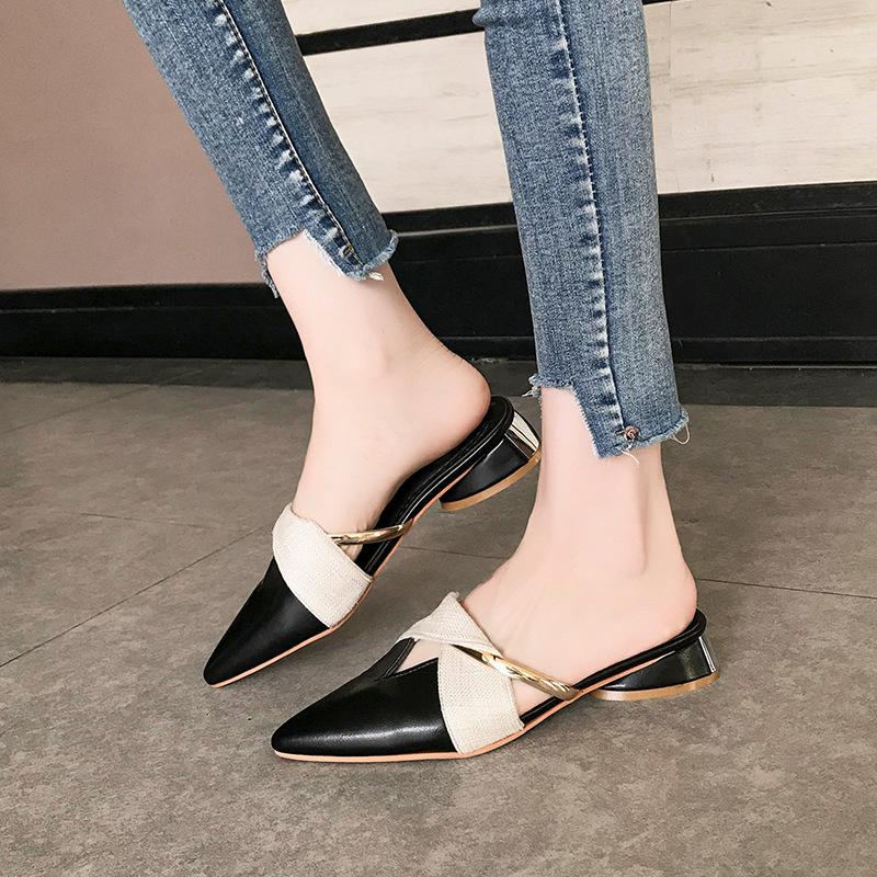 Summer New Pointed Sandals Women's Thick Heels Women's Shoes Fashion Bag Head Slippers Wear Low Heels