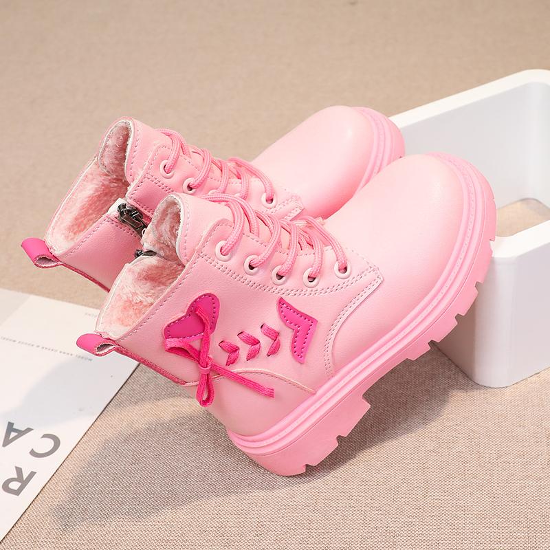 Children Fashion Boots Girls Ankle Boots Pink Elegant Zipper Cool Love Pattern Kids Princess Leather Boots Non-slip Size 26-37