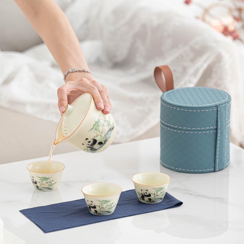 Ru Kiln Panda Ceramic Kuaike Cup Outdoor Portable Travel Tea Set One Pot Three Cups Household Souvenir Business Gifts