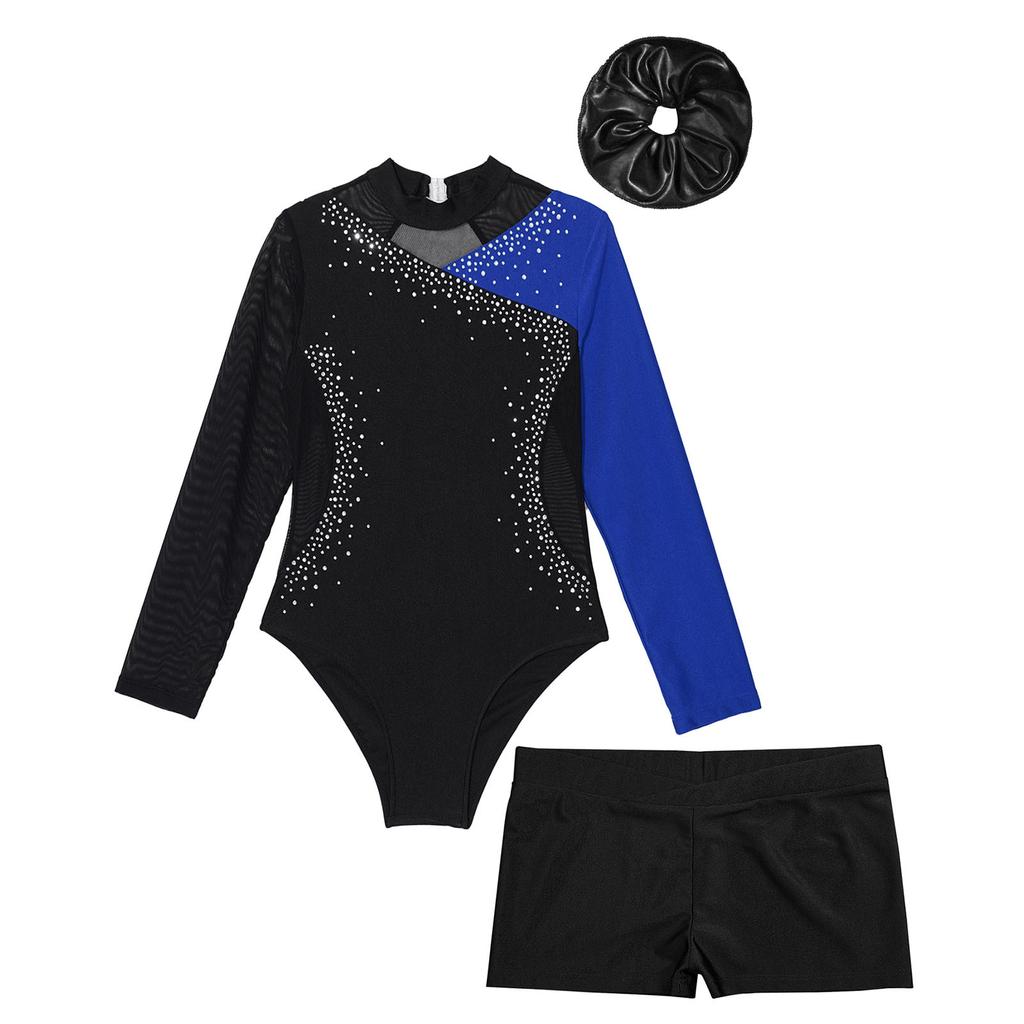 Детский гимнастический наряд для девочек с блестящими стразами и цветными блоками, лоскутное трико с длинными рукавами и шортами, повязка для волос