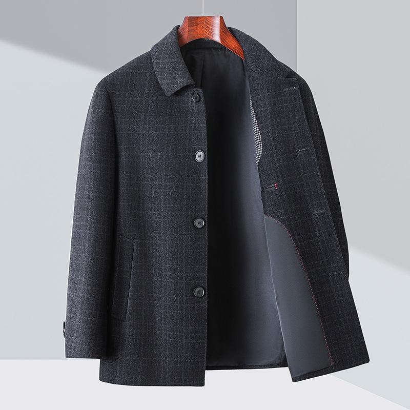 Autumn and Winter Cashmere Coat for Middle-aged Dad, Woolen Plaid Coat, Buttoned Lapel Woolen Men's Top