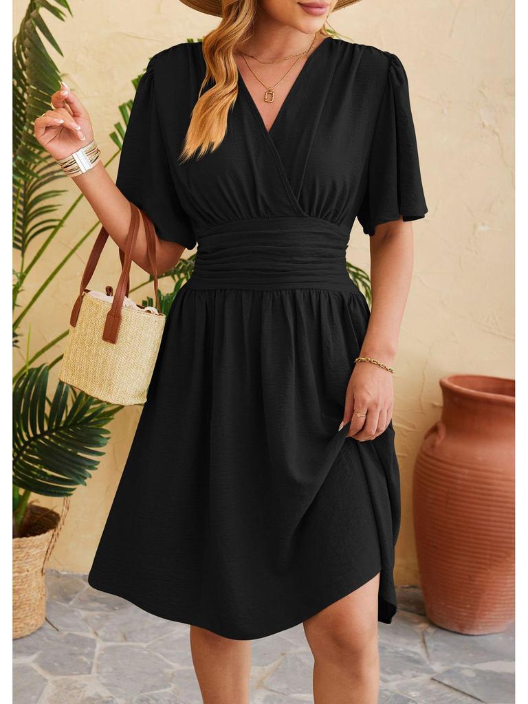 Женское платье с V-образным вырезом, приталенное, с рукавами-клеш, весна/лето 2024