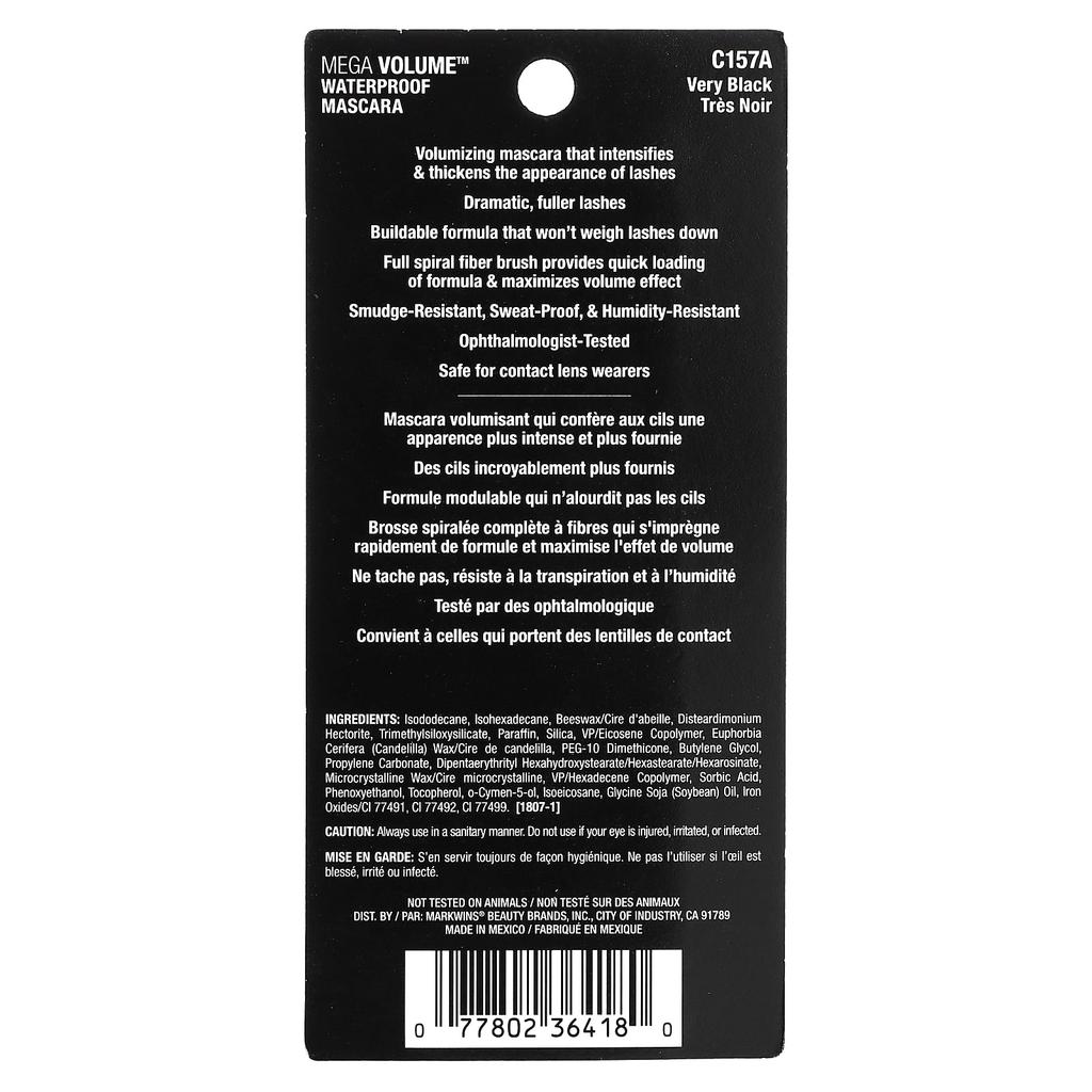 Wet N Wild Mega Volume Waterproof Mascara, C157A Berry Black, 6 Ml (0.21 Fl Oz)