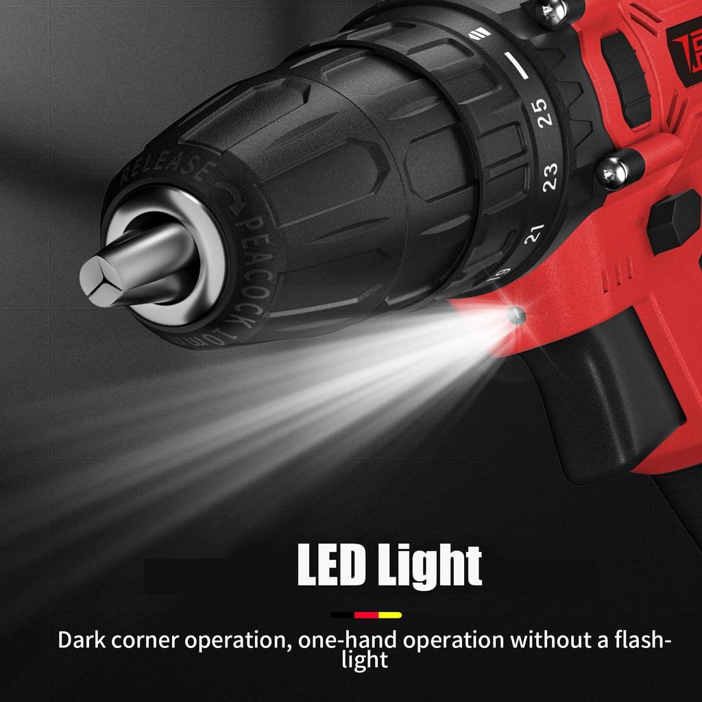 21V Wireless Drill and Screwdriver Set - 2 Speed, 3/8 "Keyless Chuck, 45N.m Torque, Li-Ion Battery, 29 + 1 Drill and Screwdriver Head