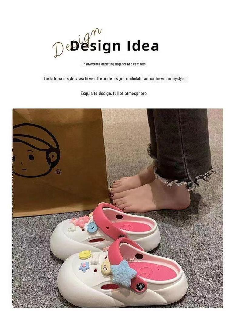 Лето 2023 г. Женские милые тапочки с мультяшным принтом: Сандалии Baotou для улицы и дома