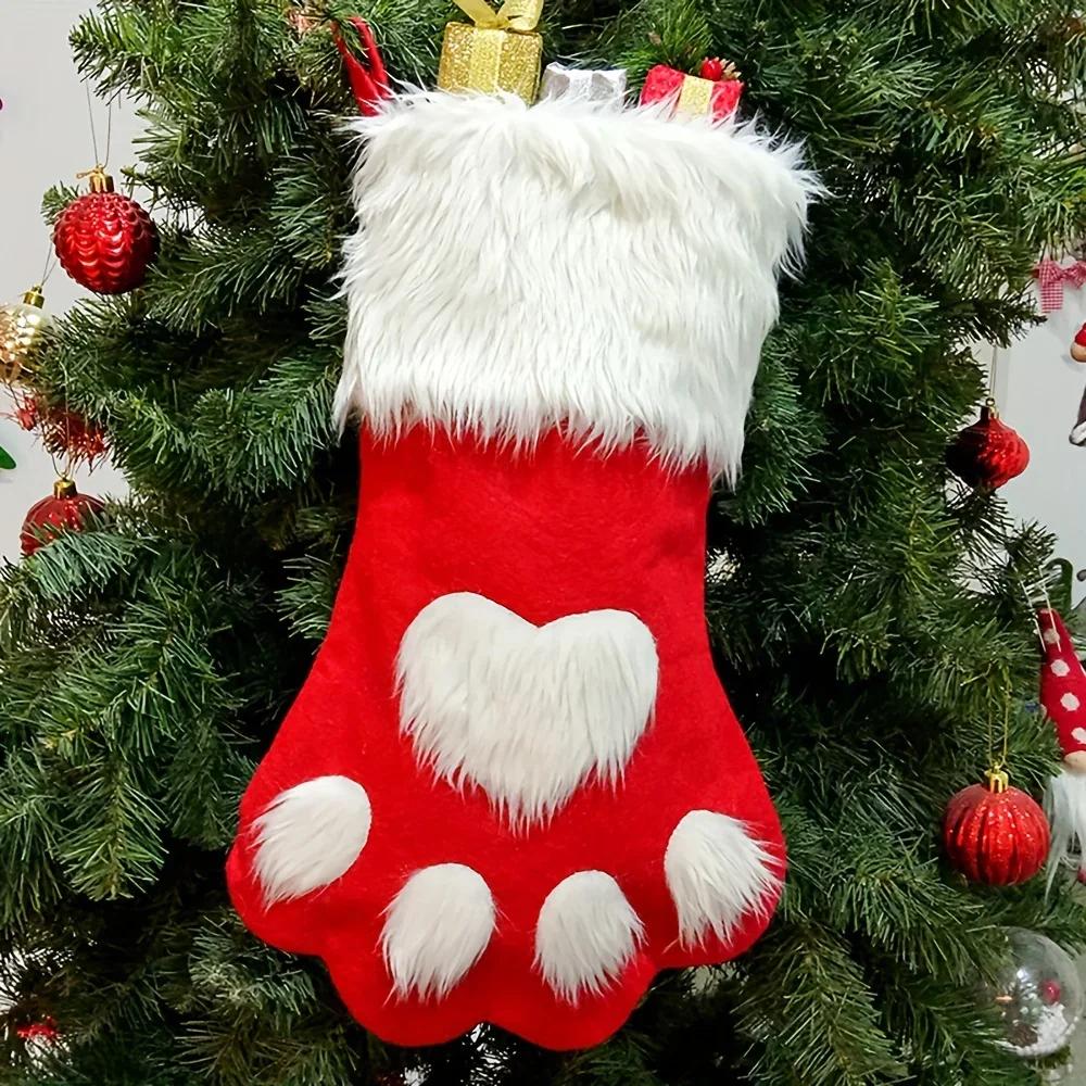 Christmas Stocking Socks Gift Candy Bag Dog Cat Paw Elk Pattern Xmas Tree Hanging Ornament Party Home Fireplace Decoration