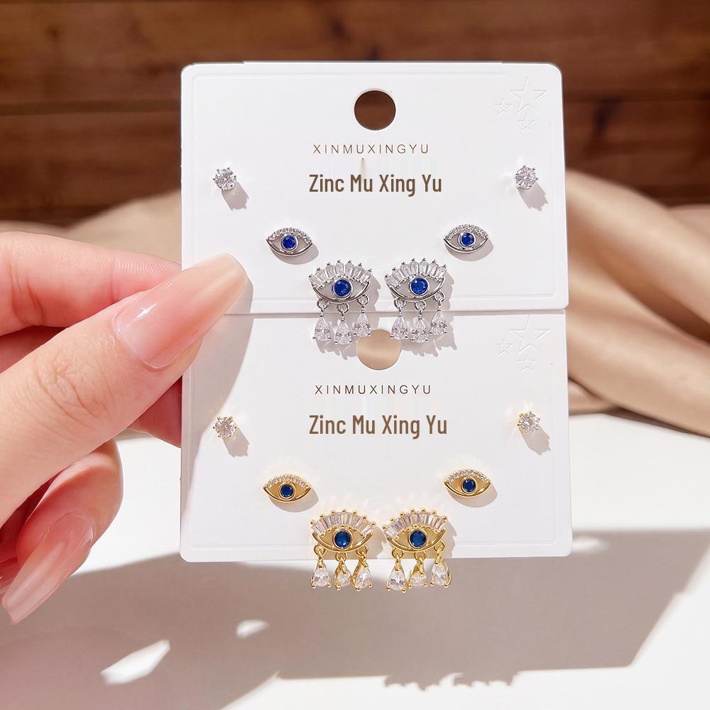 Fashionable Evil Eye Stud Earrings: 925 Silver, High-End Luxury, Three Pairs per Card.