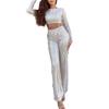2Pcs/Set Women Party Outfit Set Cropped Tops O-neck Long Sleeve Tassel Sequin High Waist Wide Leg Long Pants Set