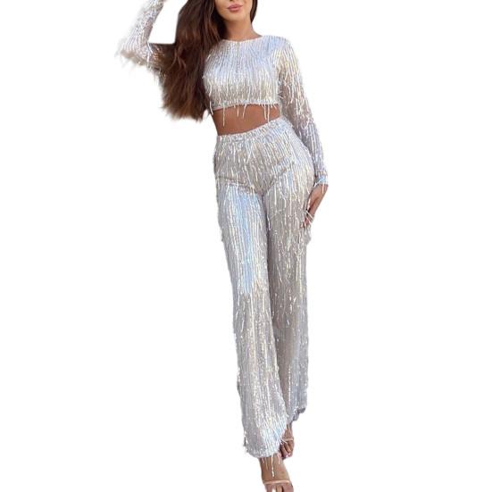 Женский праздничный комплект из 2 шт./компл., укороченный топ с круглым вырезом и длинными рукавами, с кисточками и блестками, высокая талия, широкие брюки, комплект