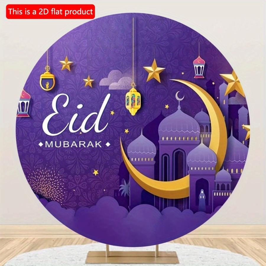 2D Flat 20cm1pc Eid Magnificent Mosque&Moon Patterns Good Quality Round Wooden Pendant, Celebrate Eid Purple Style Fine Ornament, Muslim Home Party
