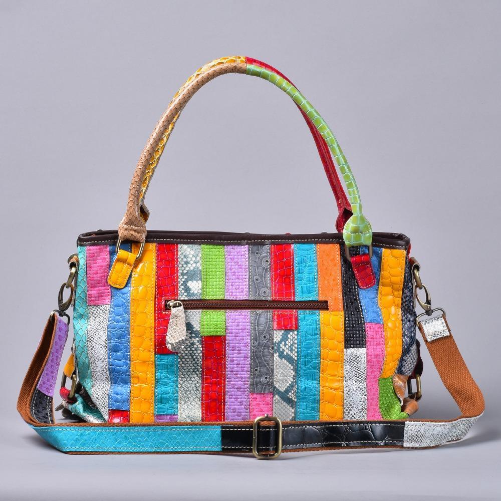 Genuine Leather Women's Handbag Snake-patterned Flower Color-matching Single-shoulder Lady's Handbag