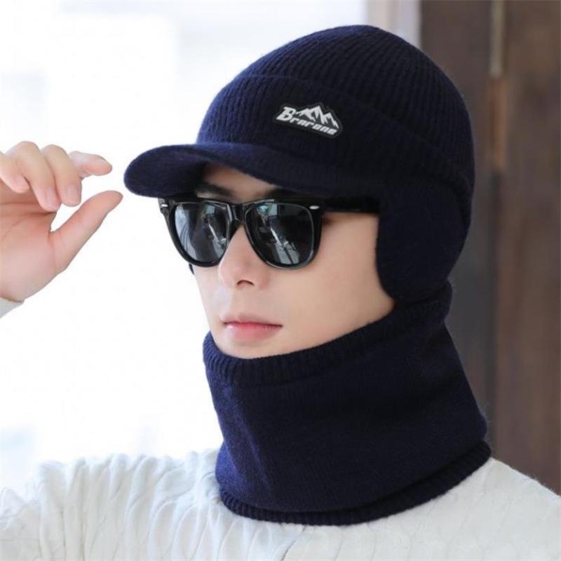 Мужская зимняя вязаная шапка и толстые наушники с теплым ветрозащитным шарфом для езды на велосипеде на открытом воздухе