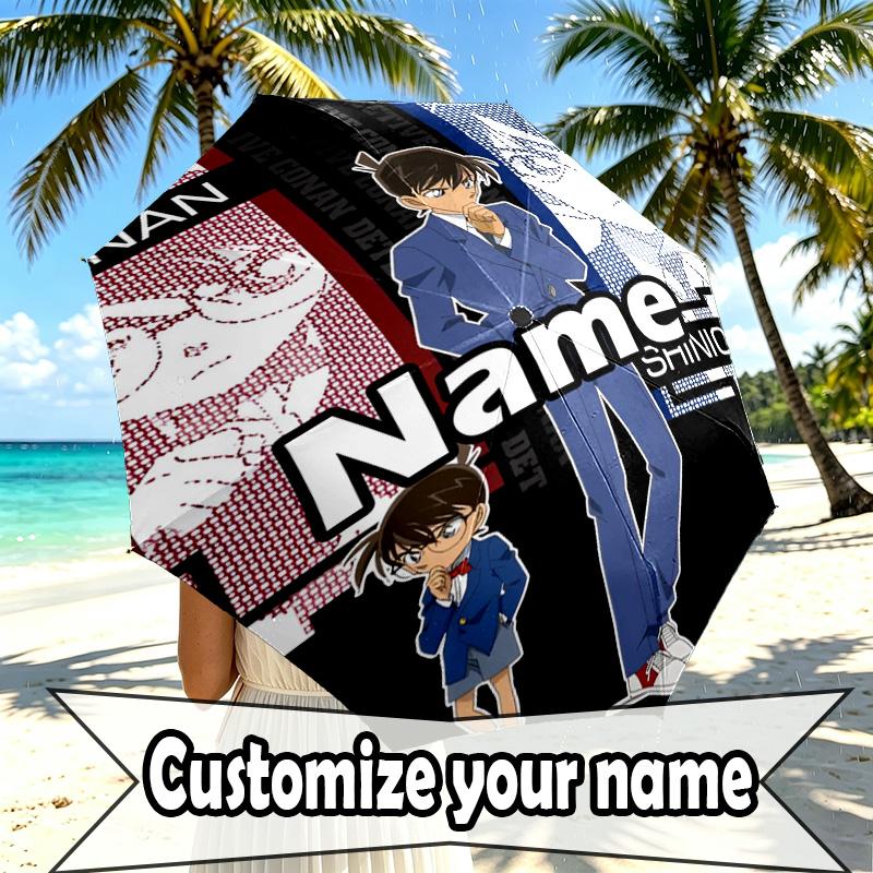 Custom Name Personalized Detective Conan Print Umbrella, Auto Open Close, 8‑Rib Sturdy Frame, Commute Camping Hiking Use, Birthday Gift