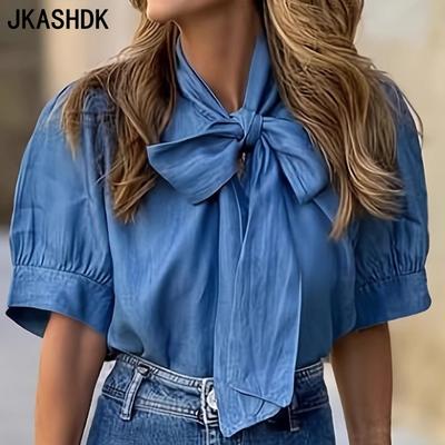 Женские модные повседневные летние весенние однотонные блузки и рубашки с короткими рукавами с принтом