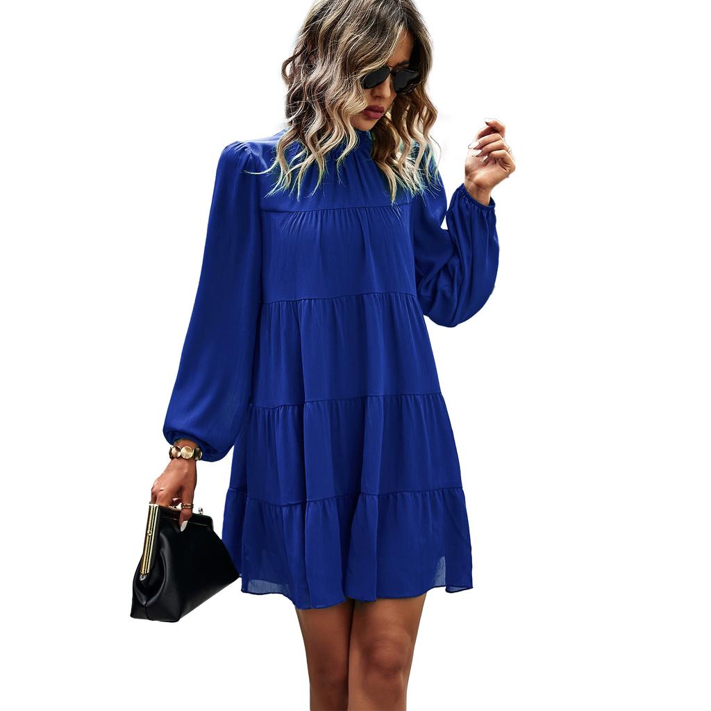 Женское повседневное свободное плиссированное платье с длинным рукавом и воротником-стойкой размера плюс