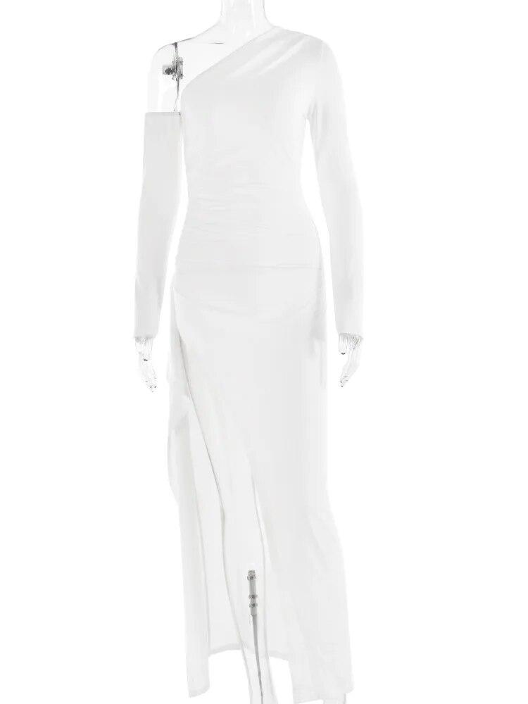 Новое цельное платье макси с высоким разрезом, женское платье с длинным рукавом и открытой спиной, сексуальное клубное вечернее длинное платье, женские однотонные модные лоскутные платья с рюшами