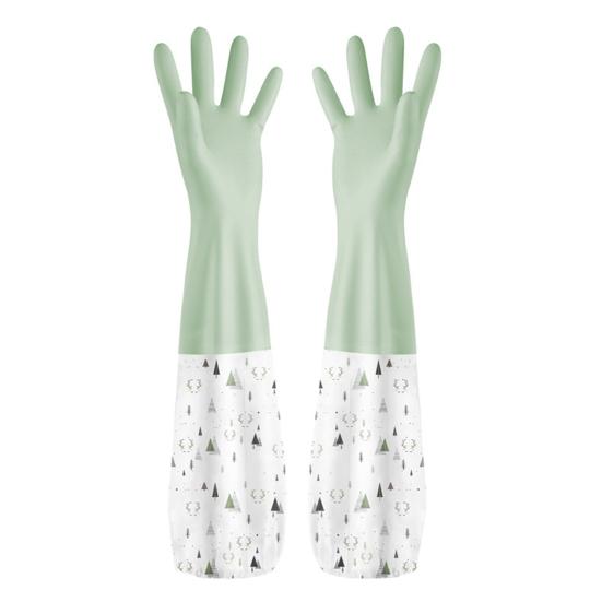 1 Pair Dishwashing Gloves Waterproof Reusable Gloves Patchwork Color Elastic Long Cuffs Household Cleaning Gloves