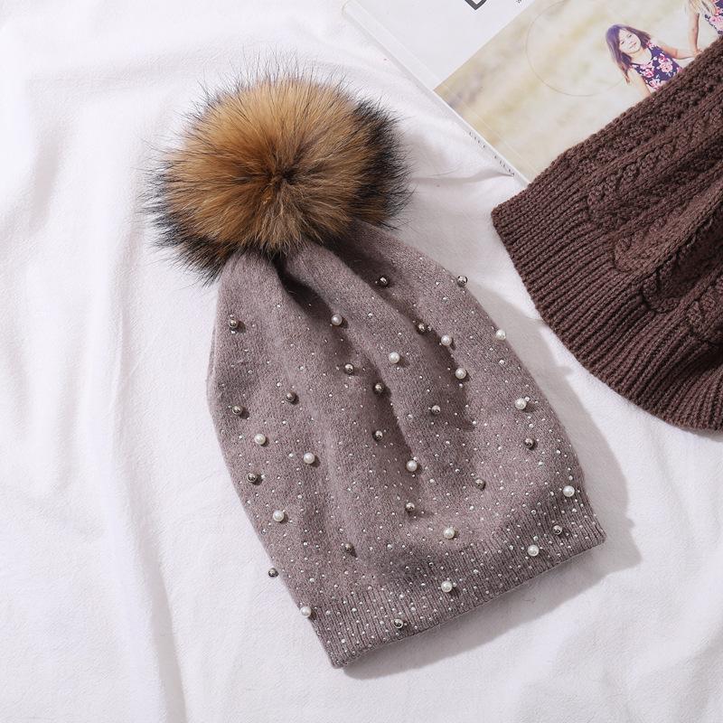 Женский зимний теплый вязаный пуловер с жемчужным шариком енота, однотонная шляпа