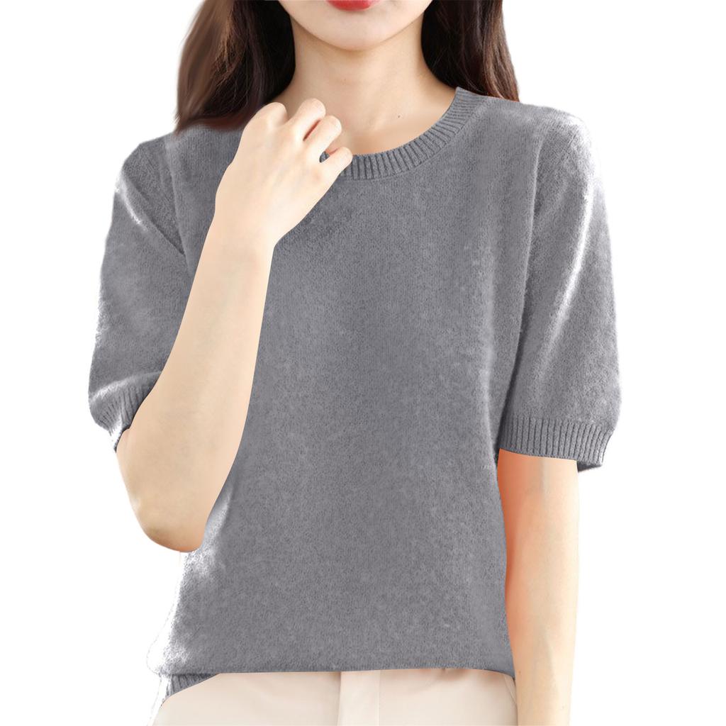 Women's Fashion Wool Knit Half Sleeve Round Neck Solid Colour Bottom Shirt Knitted T-Shirt Top
