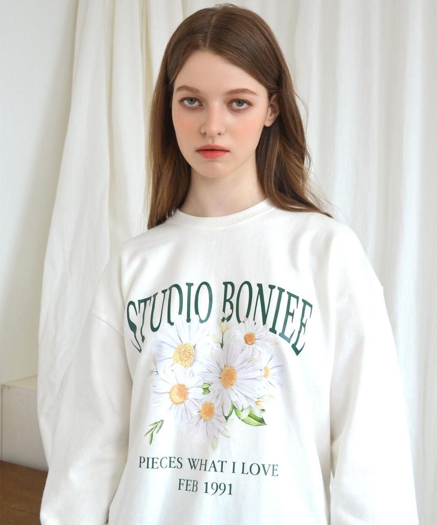 BONIEE [Fleece Lined] Daisy (Daisy For You) Graphic Oversized Sweatshirt White