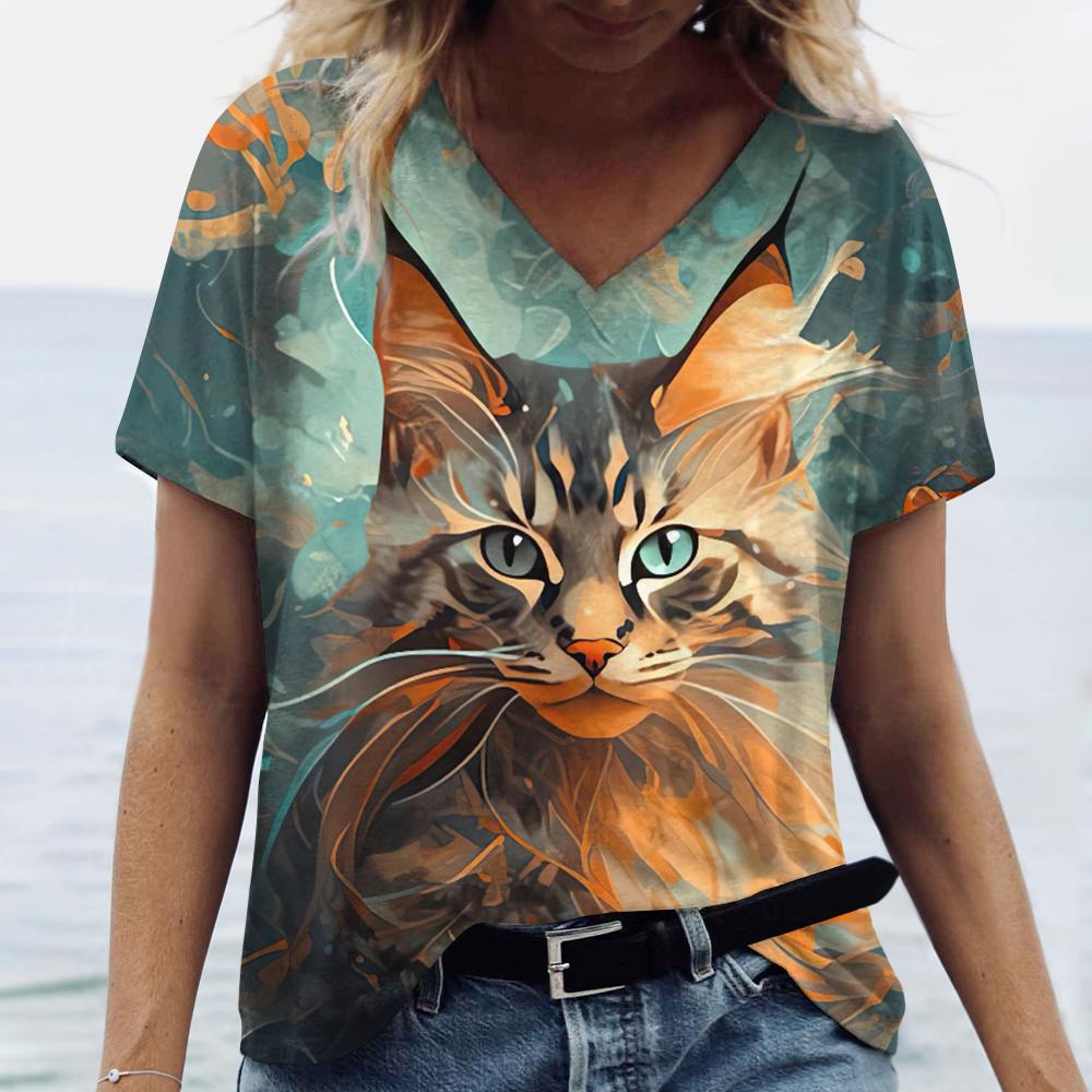 Women's V-Neck Short Sleeve T-Shirts Animals Printed Summer Clothing Cute Cartoon Cat Woman Tshirts Streetwear Tops