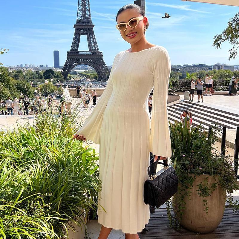 Вязаное платье с длинным рукавом и открытой спиной для женщин, летнее тонкое трикотажное платье с высокой талией, длинные платья, женское вечернее модное элегантное вечернее платье для отдыха