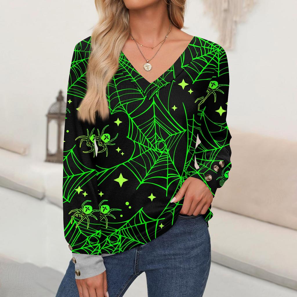 Женские топы с принтом на Хэллоуин, рубашка с длинным рукавом, V-образный вырез, повседневная свободная футболка, осенняя одежда