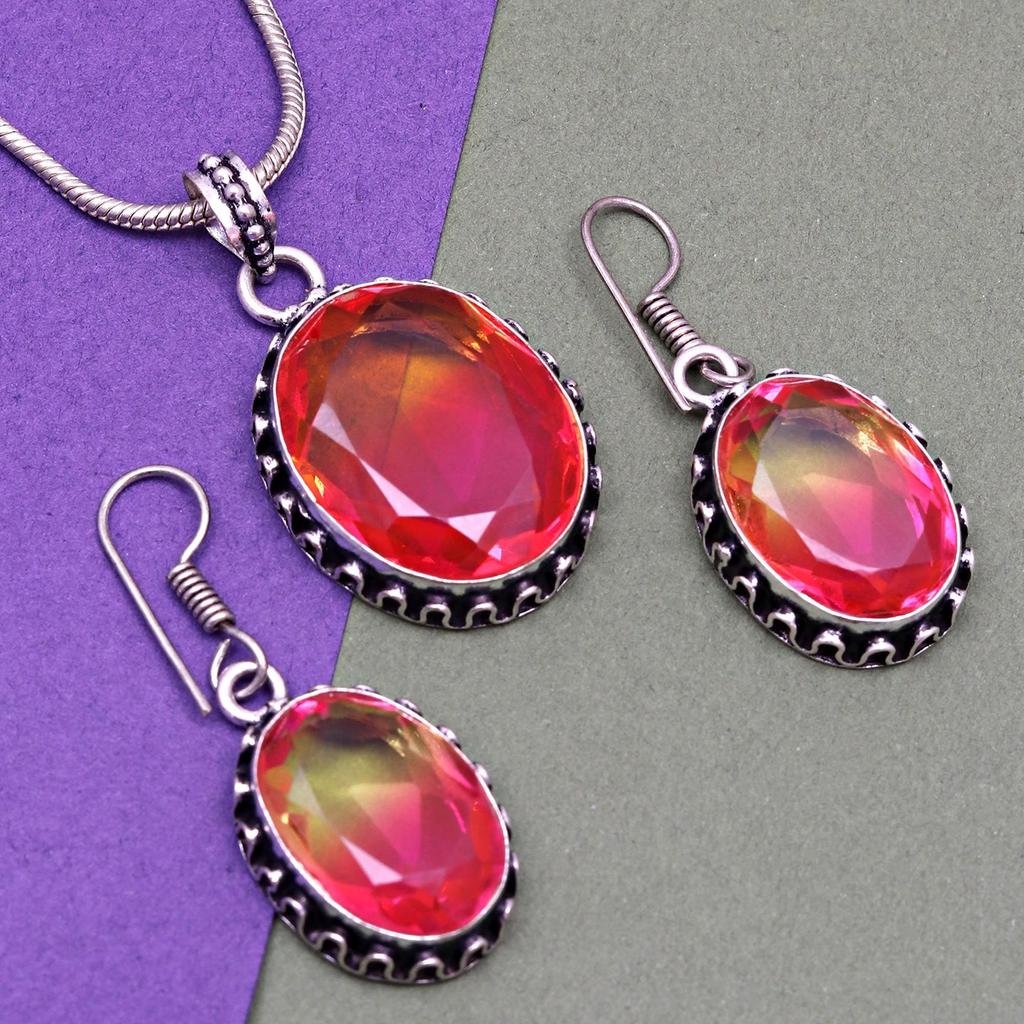 Tourmaline Set Gemstone Gift Wedding Party Bi-Color Pendant,Earring,Ring