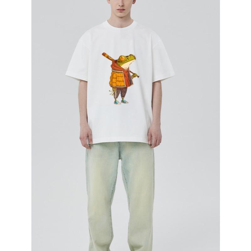 Футболка с круглым вырезом Белая Воин-лягушка Мультяшный принт Повседневная одежда для мужчин и женщин Повседневные наряды Уличная мода Летний топ