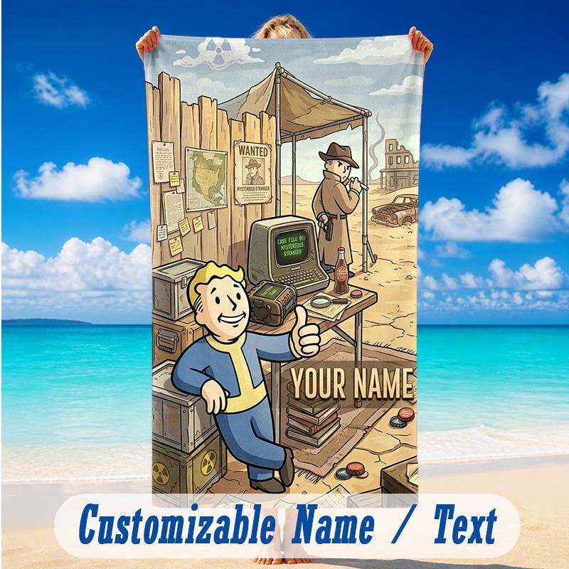 Beach Towel Custom Name Text, Quick Dry Large Towel For Beach HomeFallout Vault Boy