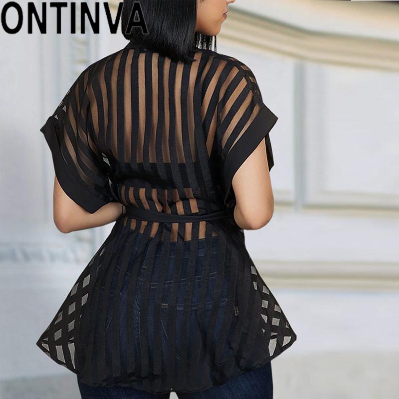 Женские рубашки, прозрачные прозрачные короткие рукава с пуговицами на поясе, сексуальные блузки, топы, женские весенне-летние модные блузки