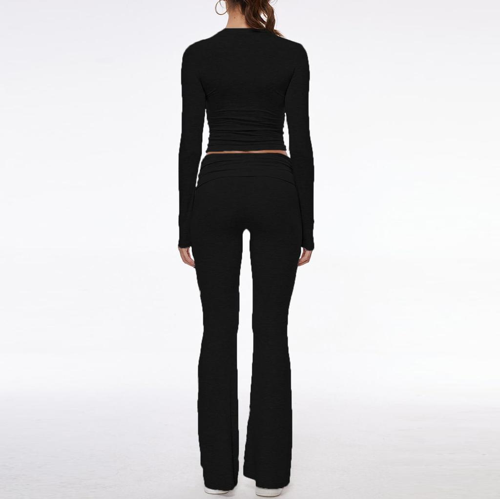 Women's Fashion Solid Color Round Neck Long Sleeve Top Wide Leg Pants Set