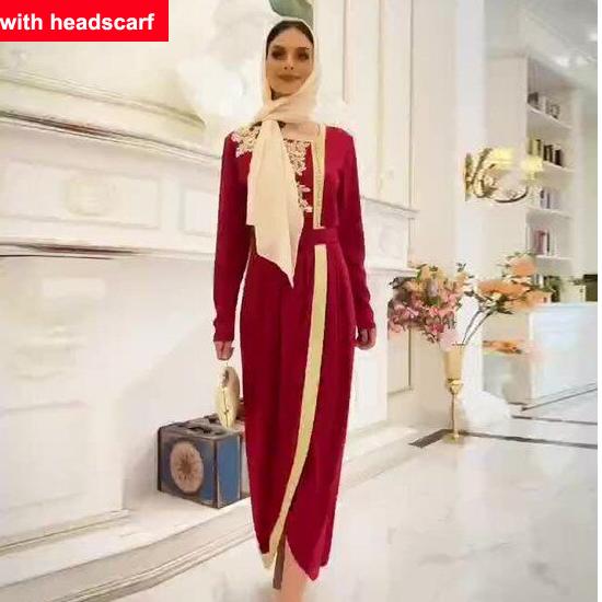 Embroidery Elegant Dresses with Headscarf V-neck Arab Morocco Muslim Fashion Long Dress Elegant Abaya Maxi Dresses Abayas Dubai Turkey Islam Kaftan