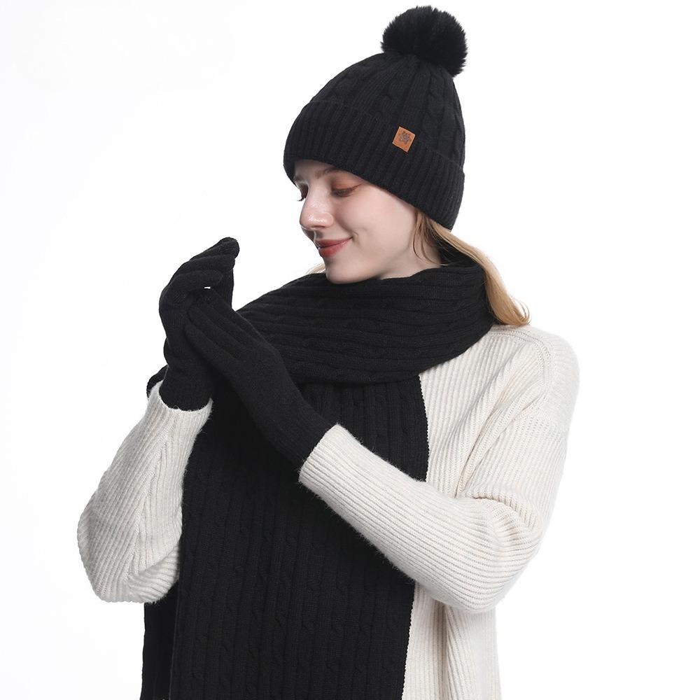 Knitted hat, women's winter warm cycling ear protection wool knitted hat scarf gloves three-piece set