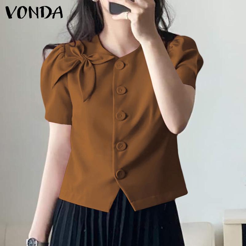 VONDA Женская повседневная круглая шея с коротким рукавом и галстуком, однотонная свободная блузка