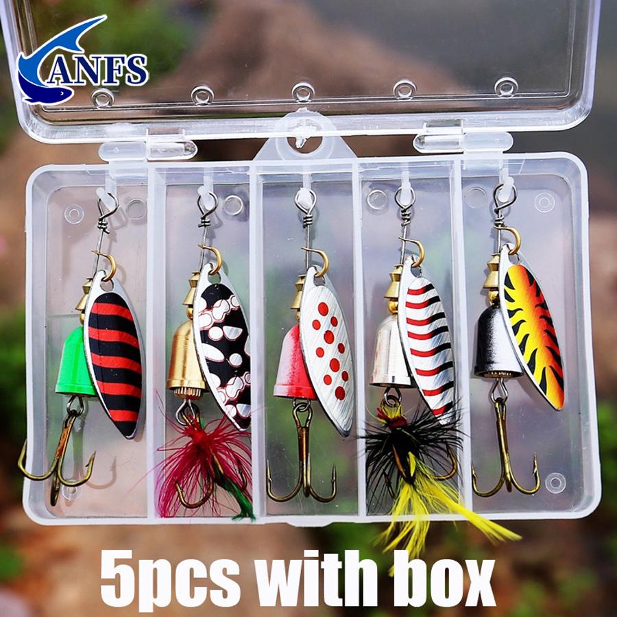5pcs Fishing Lure Spinner Bait, Bass Trout Salmon Hard Metal Spinner Baits Kit with Tackle Boxes