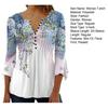 Women Summer Casual T-shirt V-neck Buttons Neckline 3/4 Sleeve Tops Pleated Floral Print Slim Fit Tee Shirt Streetwear