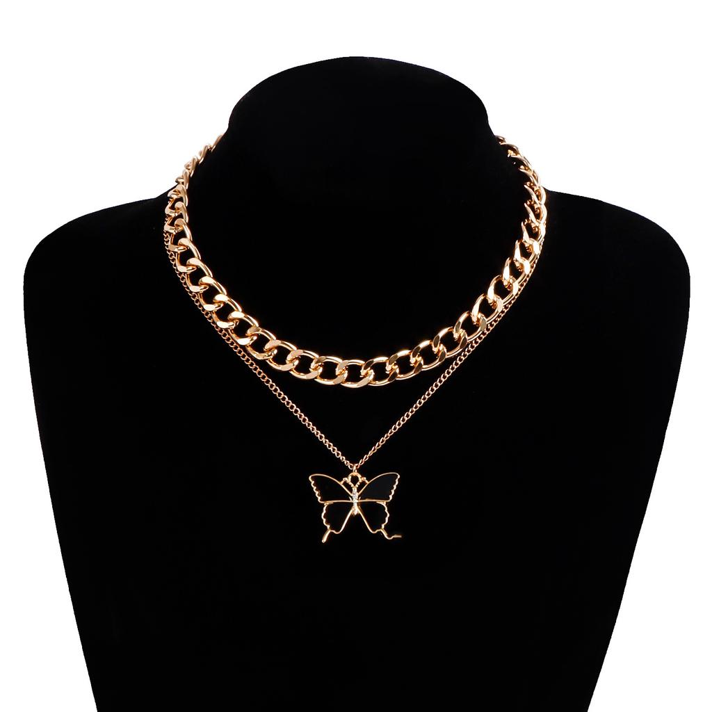 Accessories, Double Black Butterfly Imitation Fritillary Necklace For Women, Temperament Metal Coarse Aluminum Chain Necklace