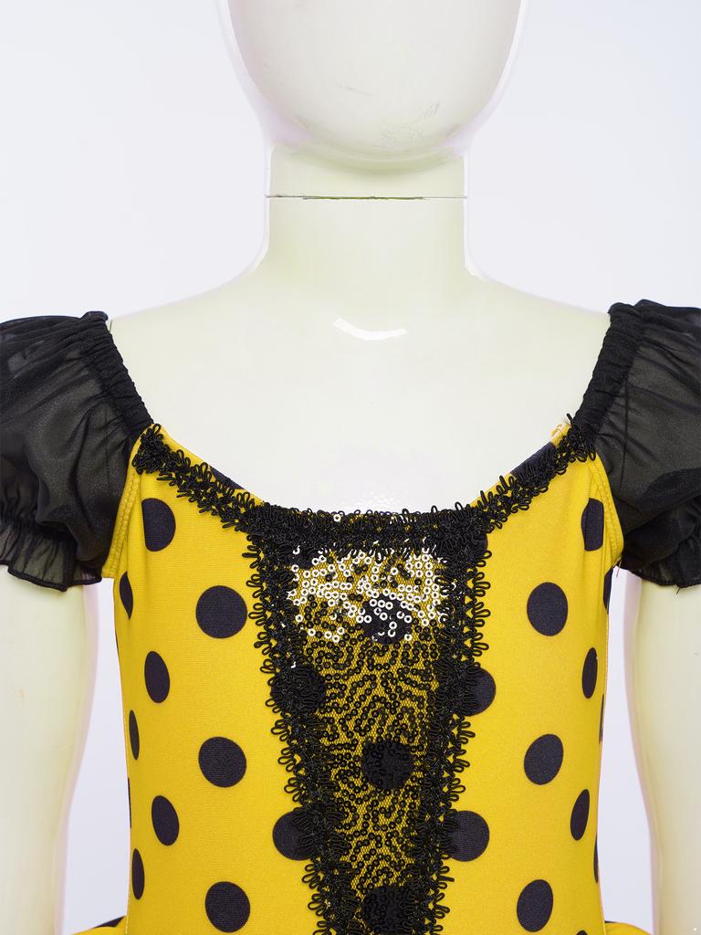 Girls Ballet Tutu Dress Short Puff Sleeve Shiny Sequins Color Block Dots Performance Costume for Recitals