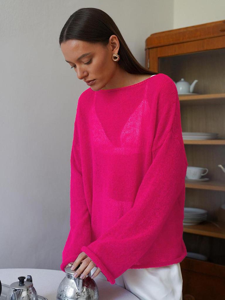 2025 Spring/Summer European-American Hollow Knit Sweater: Women's Thin, Large Round Neck, Trumpet Sleeve T-Shirt