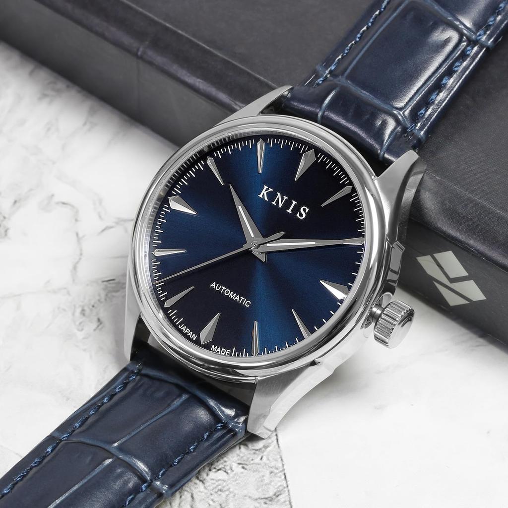 KNIS Varnish Сделано в Японии Автоматические часы Сапфировое стекло 10 АТМ Водонепроницаемость Механические Темно-синие Кожаные мужские KN001-BLBLLE