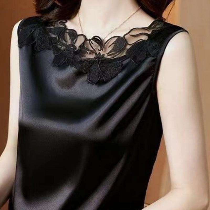 Новый подтяжки майка женская жилет женская весна осень свободный низ атласная блузка без рукавов кружевной топ с V-образным вырезом майки женские жилеты