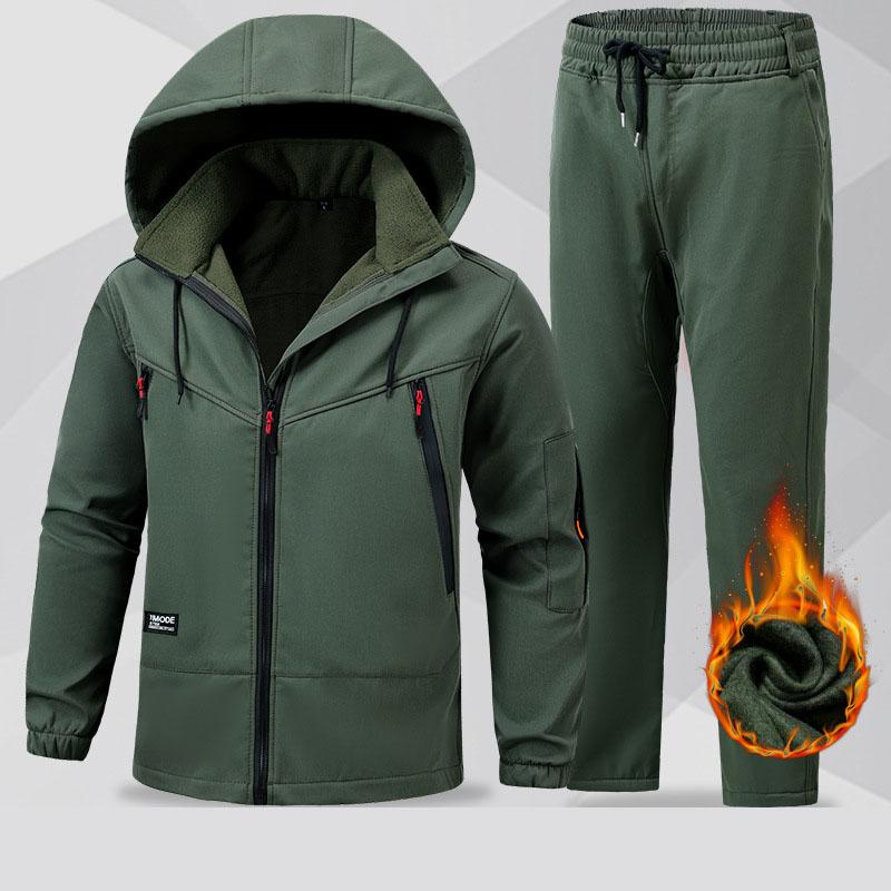 Autumn and winter velvet jacket set waterproof and windproof soft shell men's and women's same cotton clothes outdoor thick
