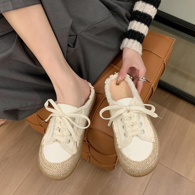 Lazy Slippers Women's Summer New Fashion Canvas Versatile Lace-up Casual Bag Head Muller Half Slippers Outer Wear