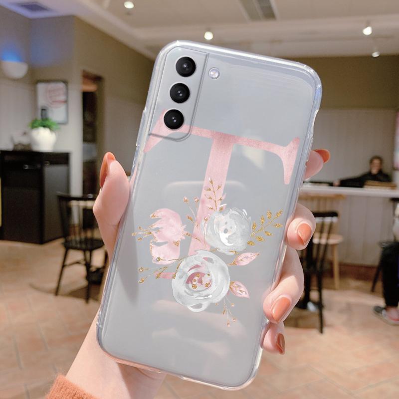 Чехол с буквой для Samsung Galaxy S23 S24 S25 Plus Ultra, прозрачный мягкий силиконовый, с цветами, Чехол для Samsung S23+