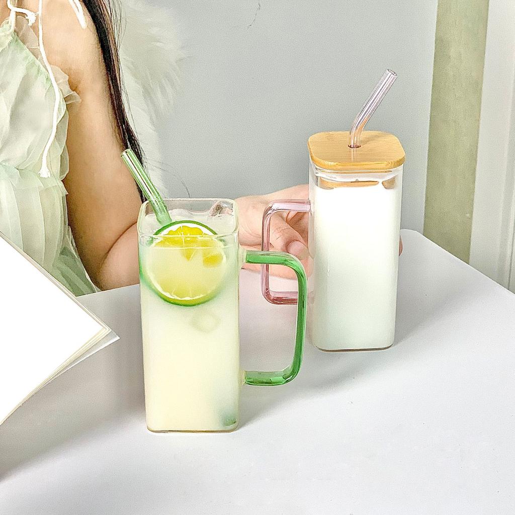 High Value Glass Straw Cup with Cover Square Color Handle Transparent Glass Milk Tea Flat Bottom Single Layer Cup