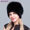 Warm Real Natural Mink Fur Hat Female Mix Color Sliver Fox Fur Women Winter Hats Double Pompom Beanies