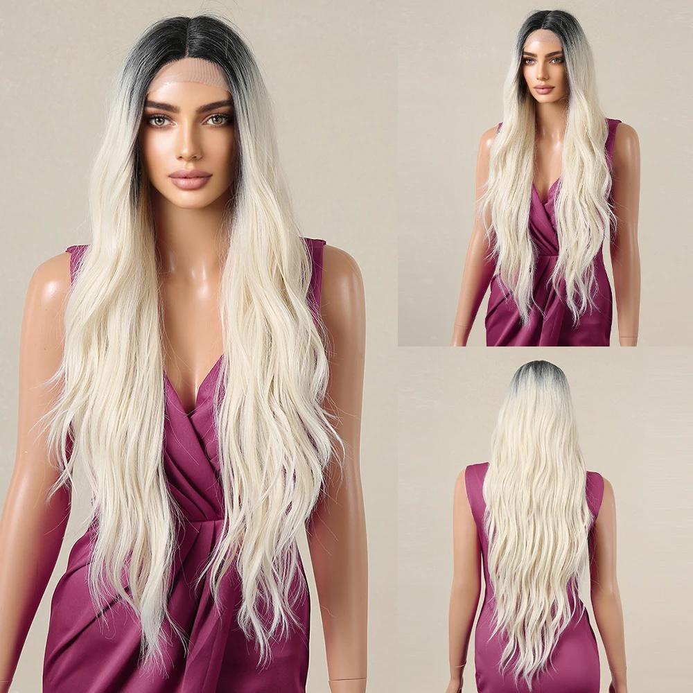 EASIHAIR Супер длинные волнистые синтетические парики с кружевной передней частью, платиновый блонд, омбре, натуральный парик с кружевной передней частью для женщин, термостойкий парик для косплея