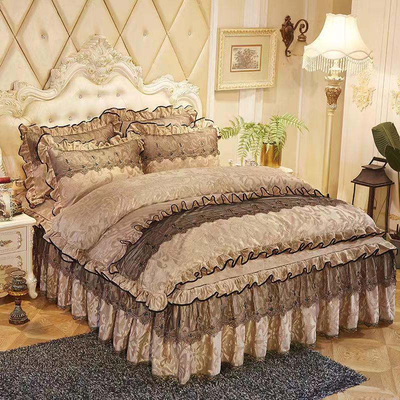 King Size/Queen Size/Twin Size Lace Bed Skirt Quilt Cover Pillowcase Four-piece Set Thickening Warm Bedroom Simple Bedding High Quality Autumn Winter