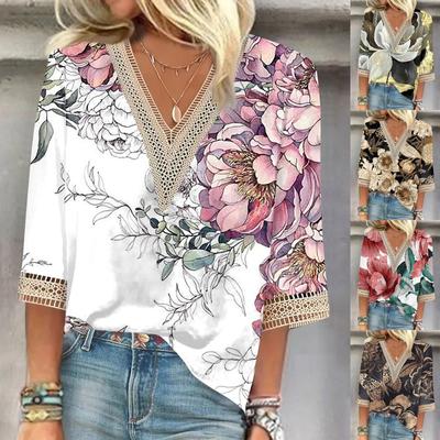 Женская рубашка-блузка Повседневные свободные рубашки с рукавами 3/4 и кружевной отделкой Топы с V-образным вырезом и принтом Топы с принтом Футболки